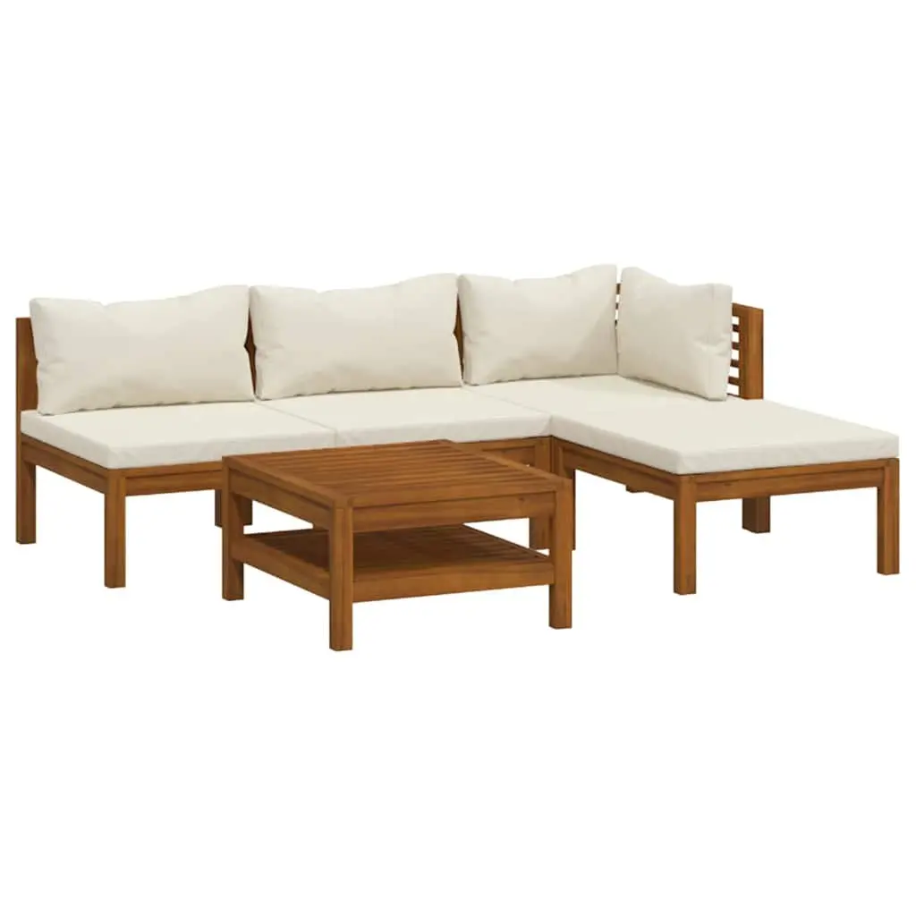 Outdoor Lounge Set 5 Piece Acacia Wood Sofa Cream with Coffee Table