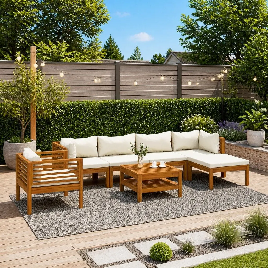 Modular Outdoor Lounge Set 7 Piece Acacia Wood Cream Cushions Garden Furniture