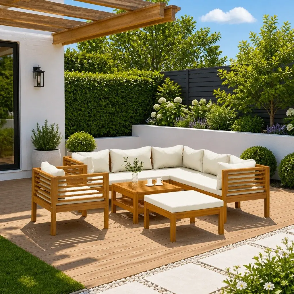 8 Piece Outdoor Garden Lounge Set Modular Sofa Cream Cushions Slatted Coffee Table