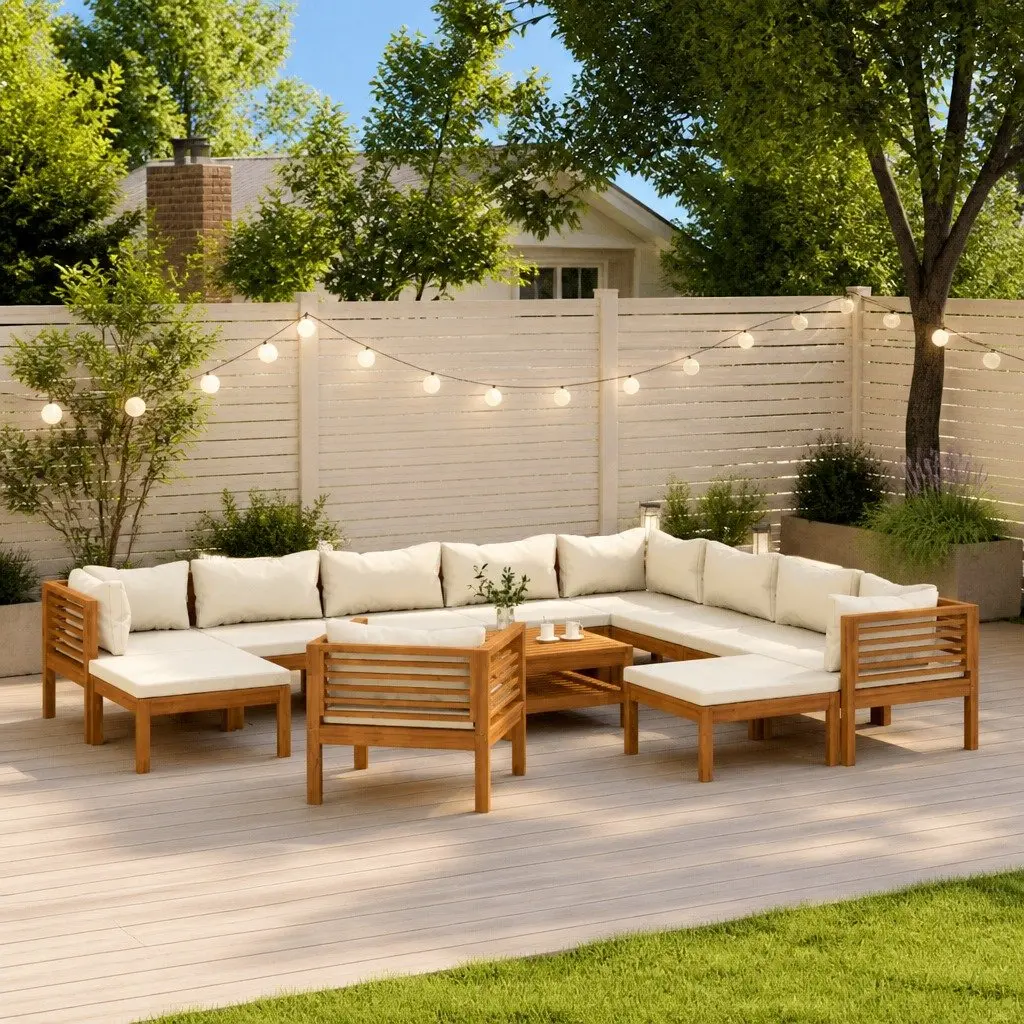 Garden Lounge Set 12 Piece Outdoor Furniture Modular Acacia Wood Patio Seating Cream Cushions