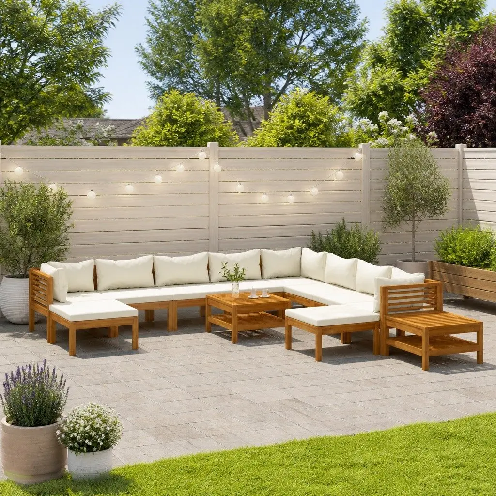 Garden Lounge Set 12 Piece Outdoor Furniture Modular Sofa Acacia Wood Cream Cushions