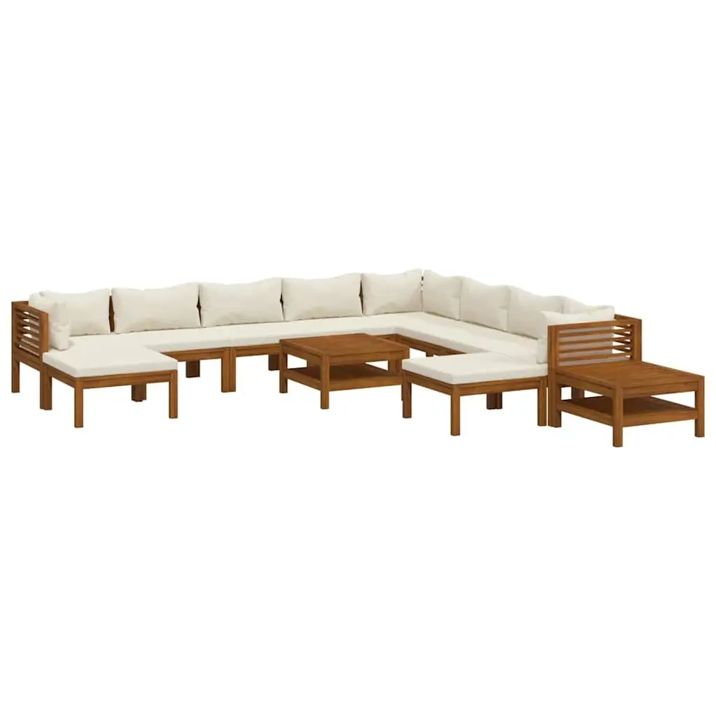 Garden Lounge Set 12 Piece Outdoor Furniture Modular Sofa Acacia Wood Cream Cushions