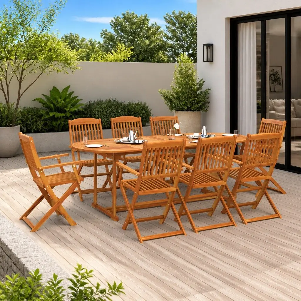Garden Dining Set 9 Piece Outdoor Patio Table Chairs Solid Acacia Wood Brown