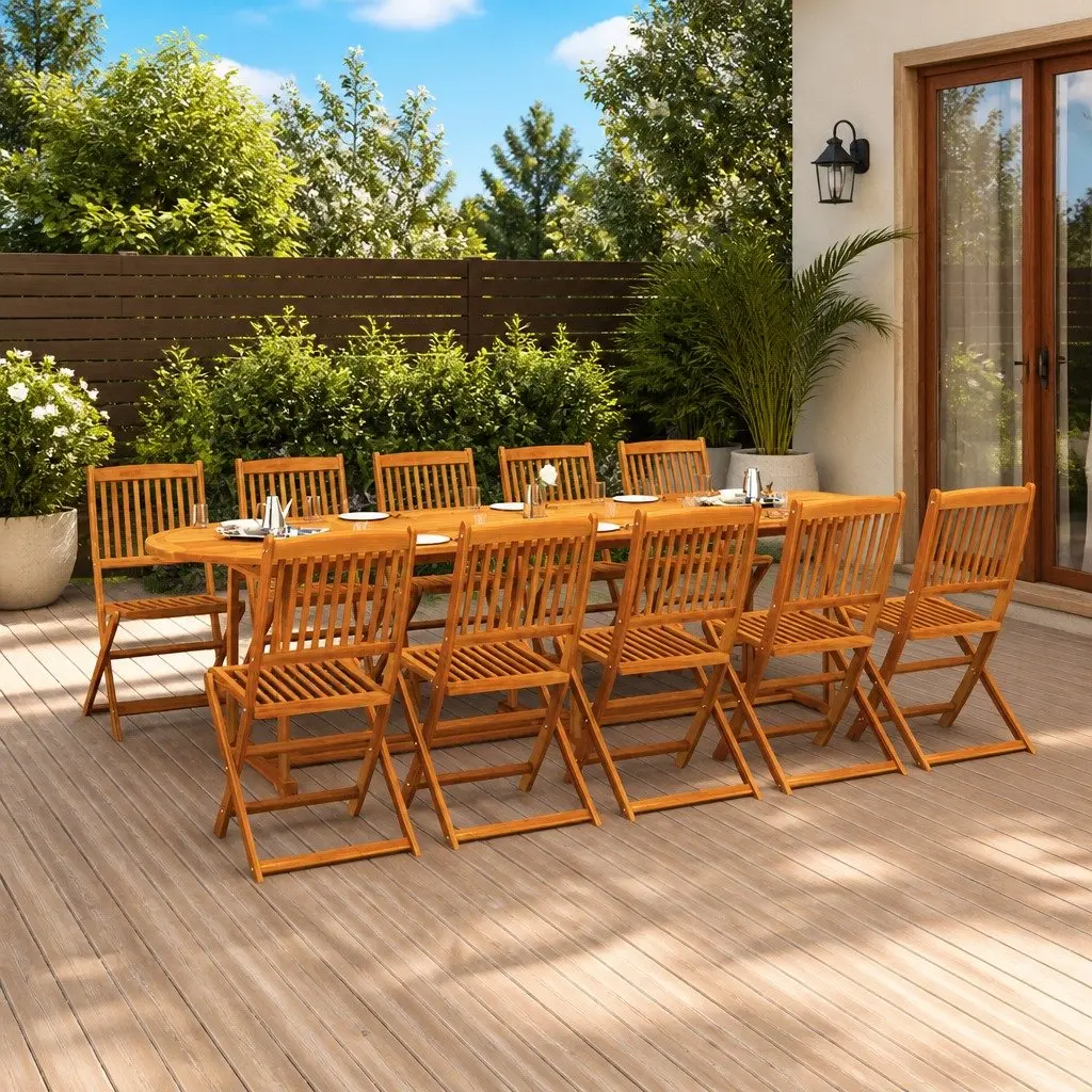 11 Piece Outdoor Patio Furniture Set Acacia Wood Dining Set Brown