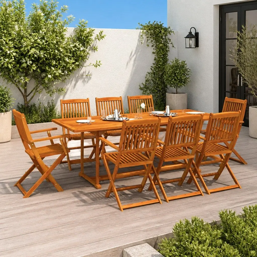 Outdoor Dining Set 9 Piece Garden Patio Table Chairs Brown Wood