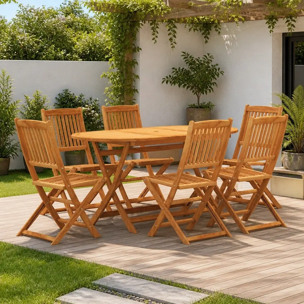 7 Piece Folding Outdoor Dining Set Eucalyptus Wood Garden Patio Table Brown