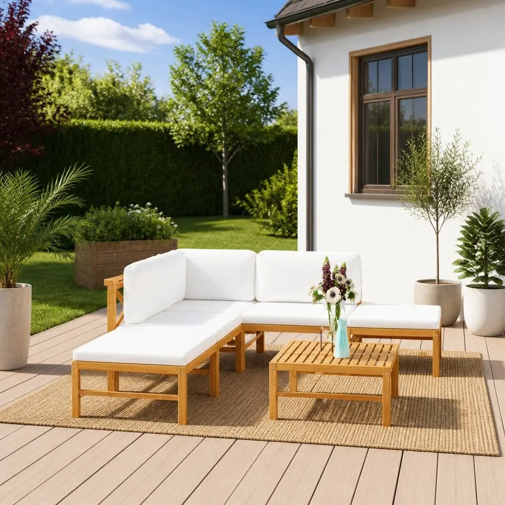 6 Piece Garden Lounge Set Outdoor Patio Furniture Teak Wood Cream Cushions