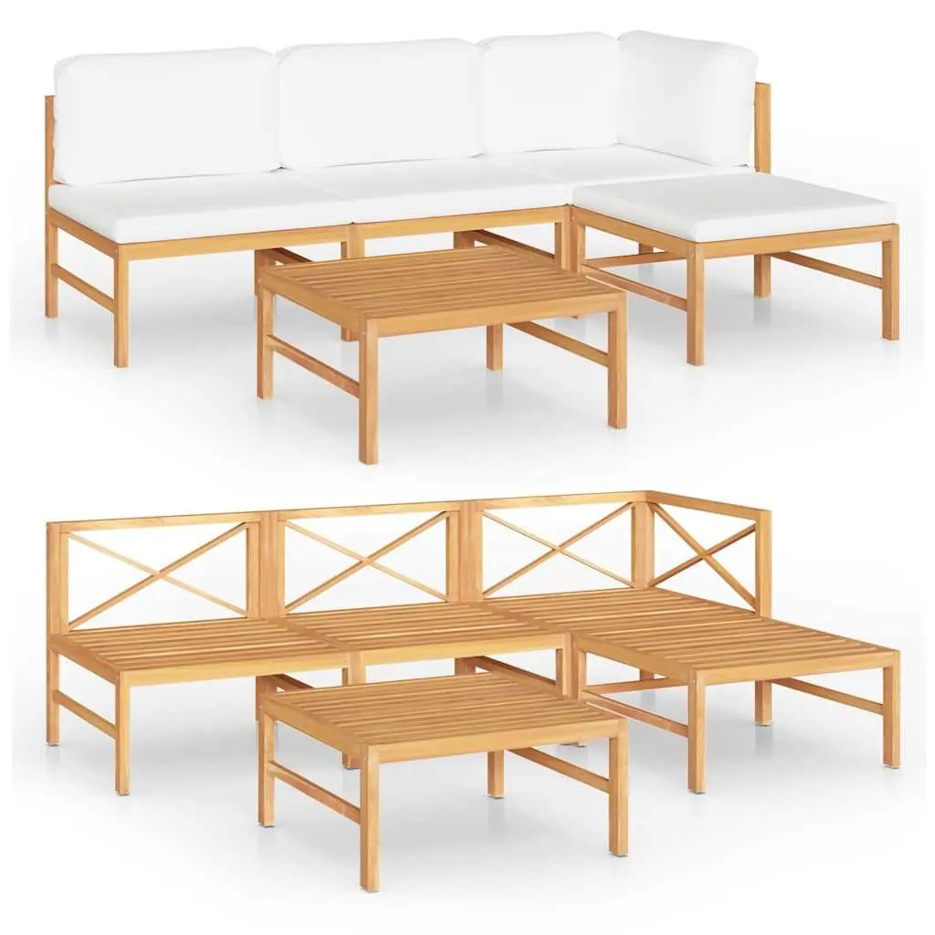 5 Piece Garden Lounge Set Outdoor Furniture Cushions Teak Wood Cream