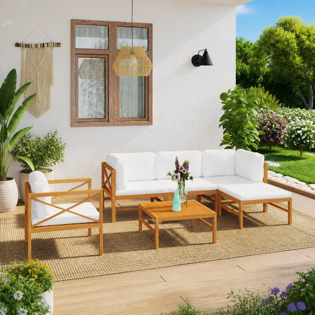 Garden Lounge Set Outdoor Furniture 6 Piece Teak Wood Cream Cushions