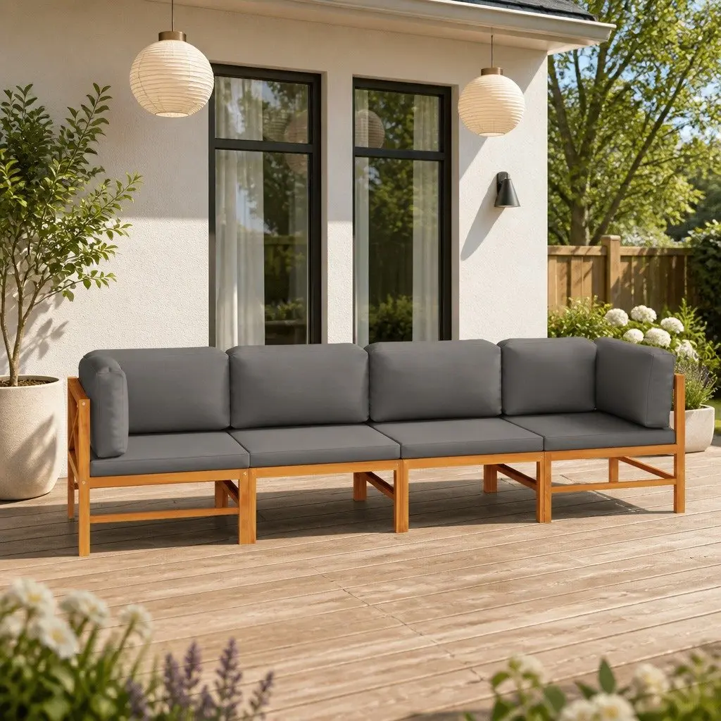 4-Seater Garden Sofa Outdoor Couch Solid Teak Wood with Grey Cushions