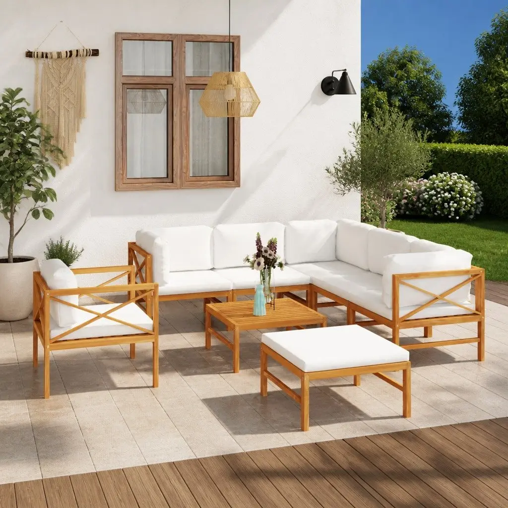 Garden Lounge Set 8 Piece Outdoor Furniture Teak Wood Cream Cushions