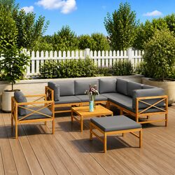 Comfortable 8 Piece Teak Lounge Set with Grey Cushions