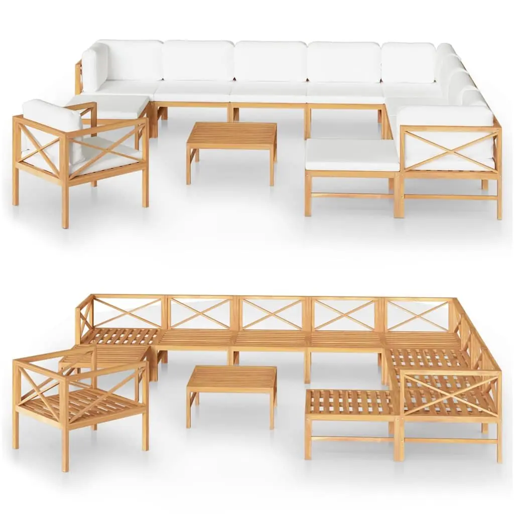 Garden Lounge Set 12 Piece Outdoor Furniture Teak Wood Cream Cushions
