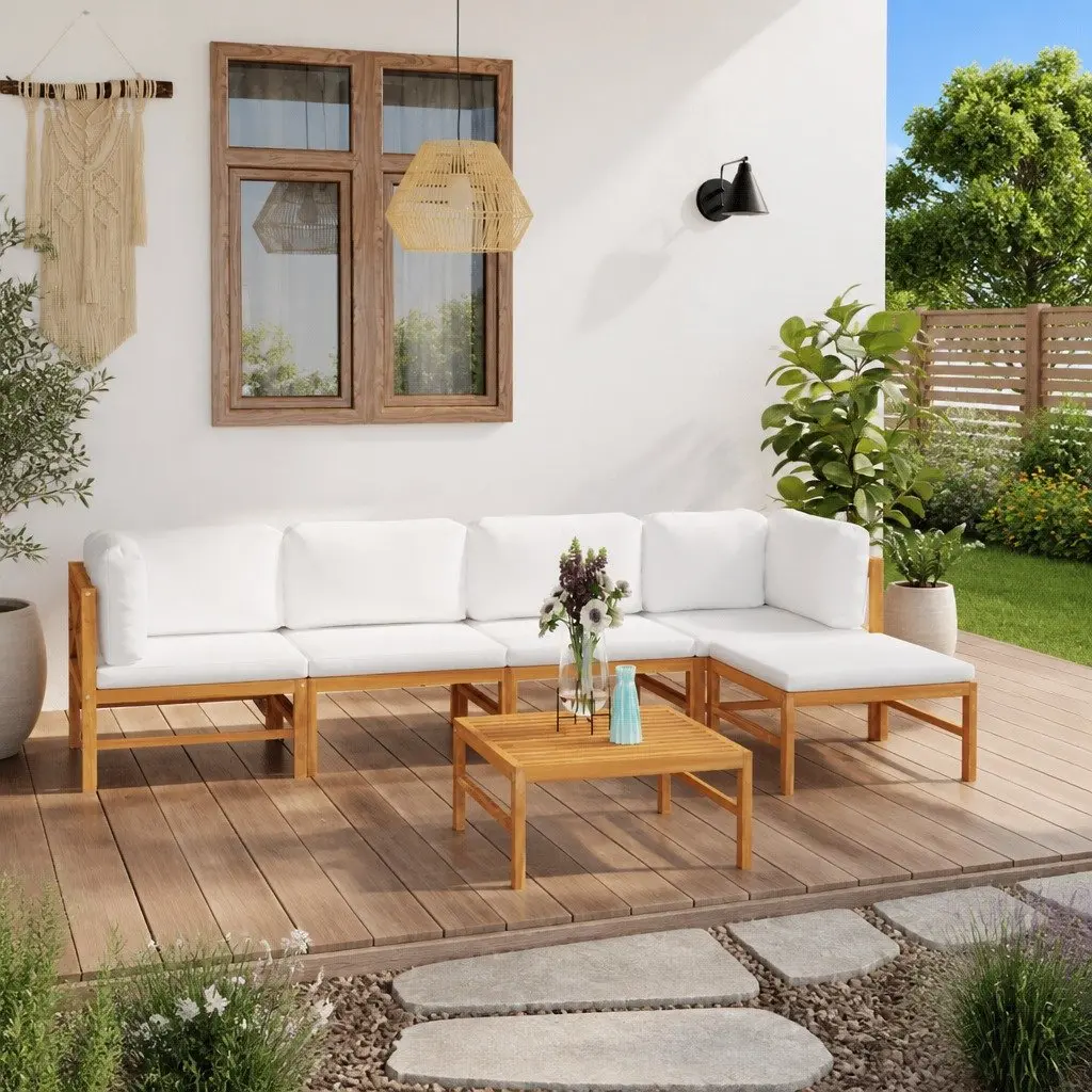 6 Piece Garden Lounge Set Outdoor Patio Furniture Teak Wood Cream Cushions