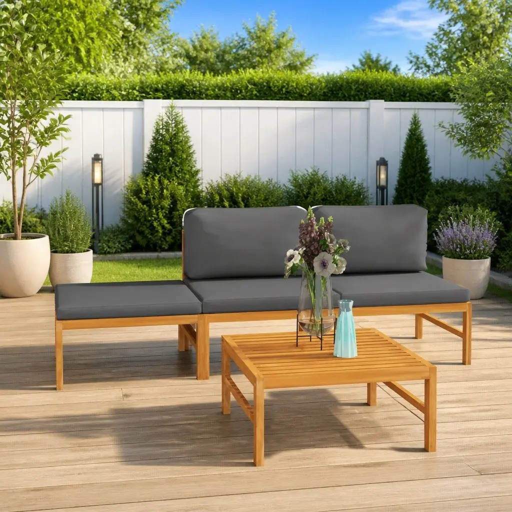 Garden Lounge Set Outdoor Furniture Teak Wood 4 Piece Grey Cushions