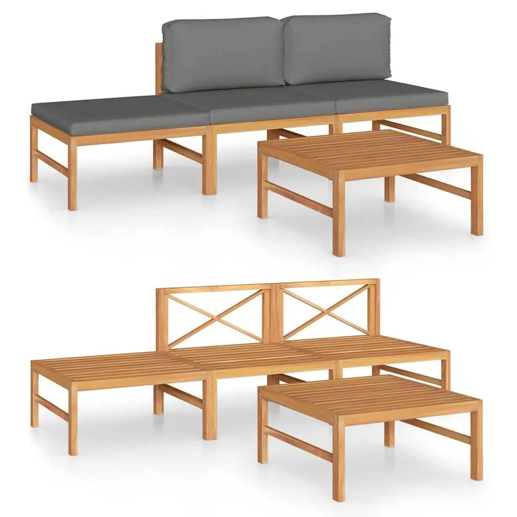 Garden Lounge Set Outdoor Furniture Teak Wood 4 Piece Grey Cushions
