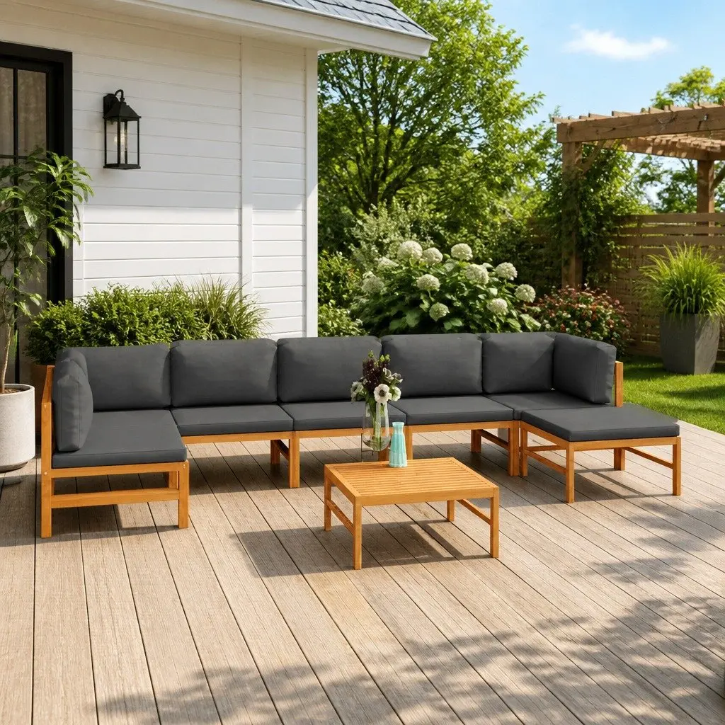 8 Piece Outdoor Patio Lounge Set Teak Wood Grey Cushions Garden Furniture
