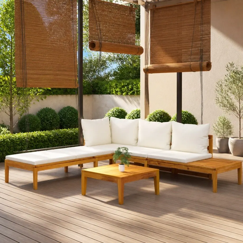 Outdoor Lounge Set Garden 3 Piece Acacia Wood Cream Cushions