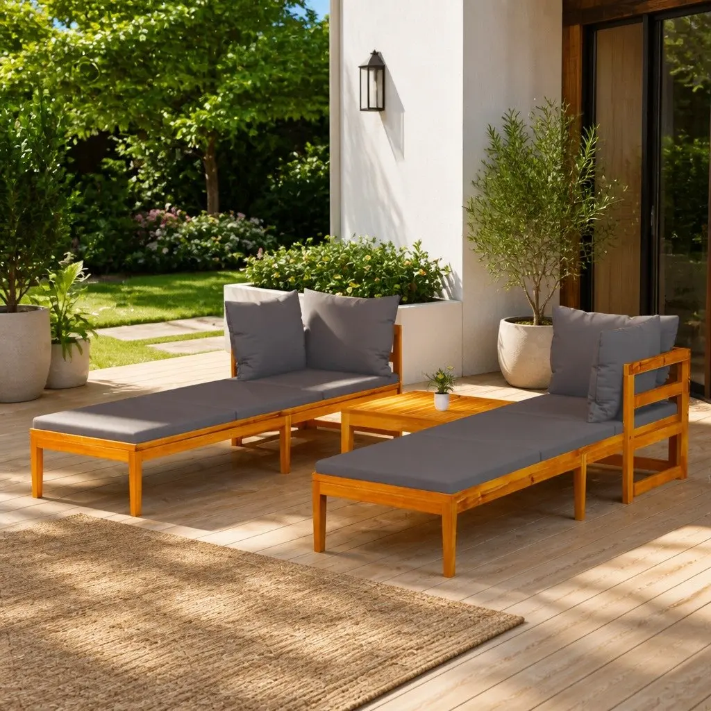 Wooden Garden Lounge Set 3 Piece Outdoor Furniture Acacia Grey Cushioned