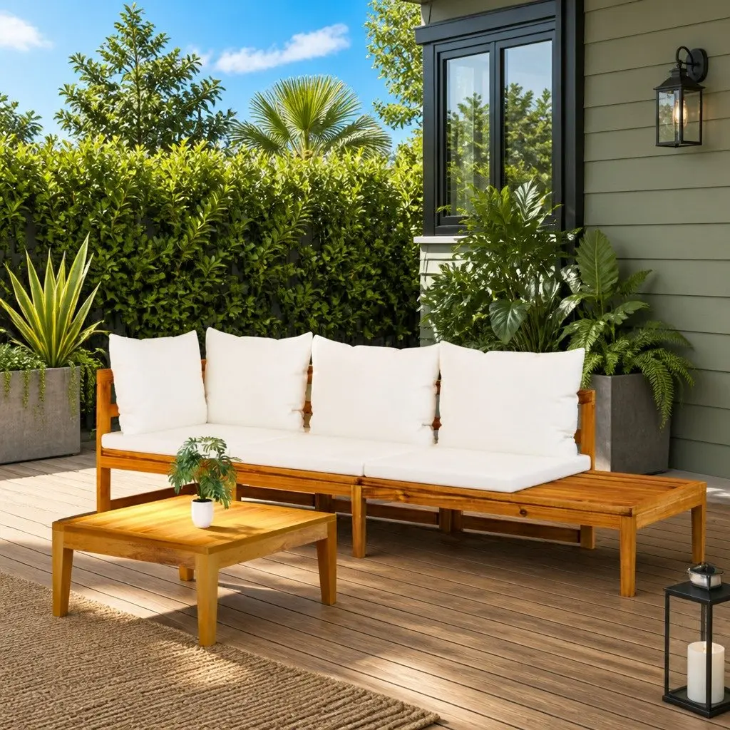 Outdoor 3 Piece Lounge Set Acacia Wood Patio Furniture Sofa Table with Cream Cushions