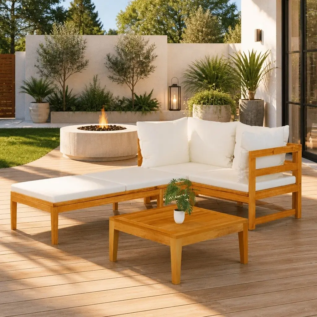 Garden Lounge Set 3 Piece Outdoor Sofa Acacia Wood Cream with Cushions