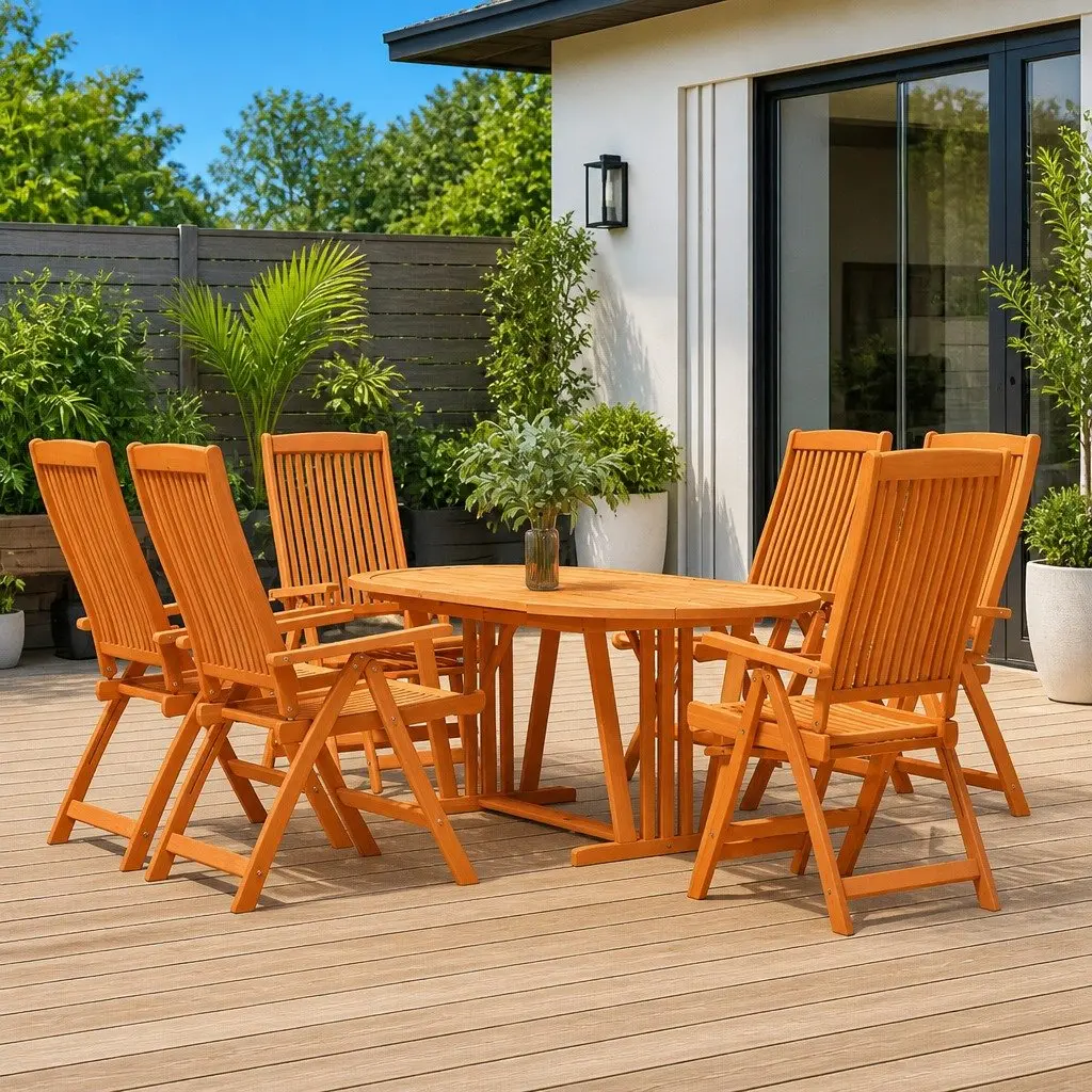 Garden Dining Set 7 Piece Outdoor Furniture Eucalyptus Wood Extendable Table Brown