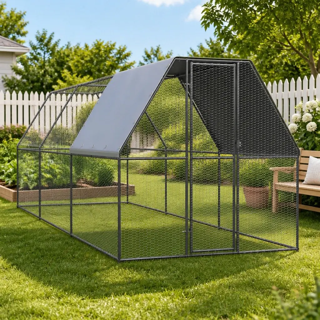 Outdoor Chicken Cage Galvanised Steel Enclosure 2x6x2m Silver