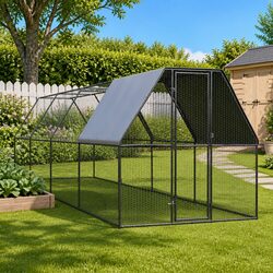 Outdoor Chicken Cage Run Enclosure 2x8x2m Galvanised Steel Water Resistant Roof