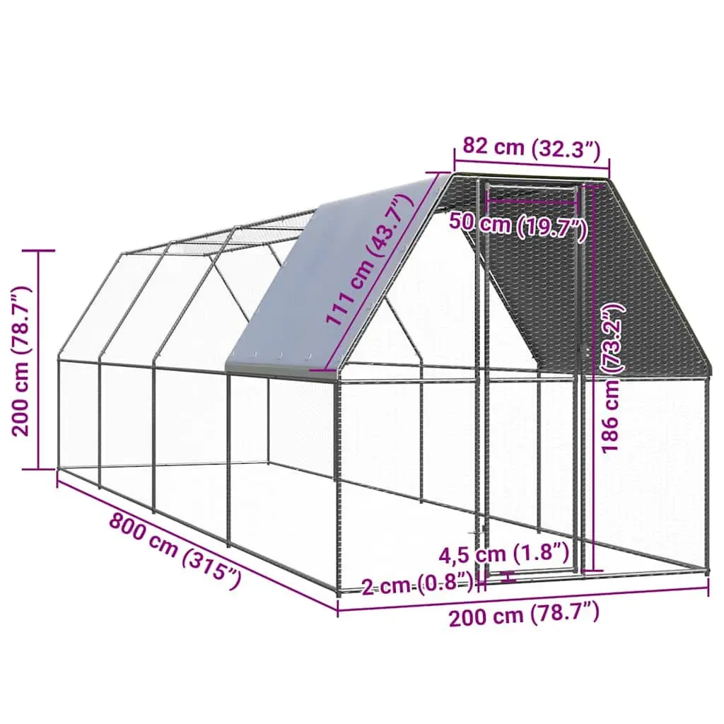 Outdoor Chicken Cage Run Enclosure 2x8x2m Galvanised Steel Silver