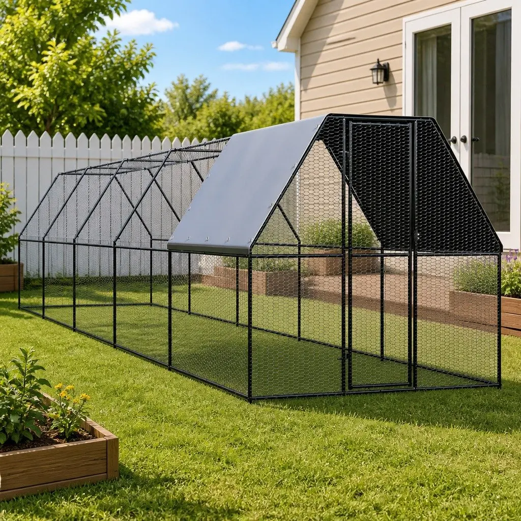 Outdoor Chicken Cage Run Enclosure 2x10x2m Galvanised Steel Water Resistant Roof Silver