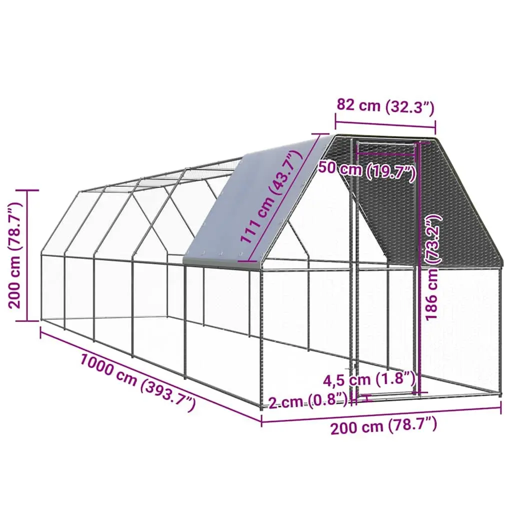 Outdoor Chicken Cage Run Enclosure 2x10x2m Galvanised Steel Water Resistant Roof Silver