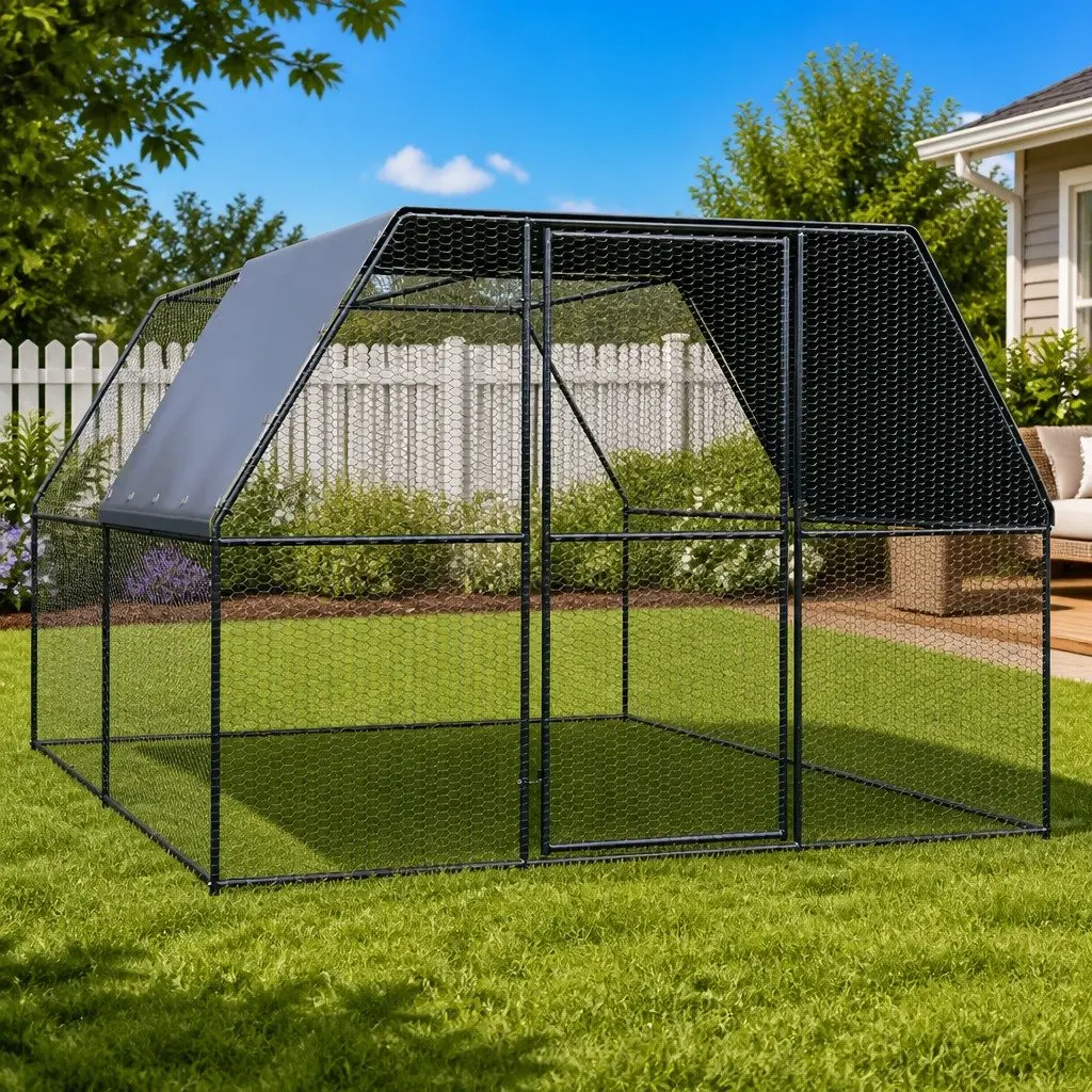 Outdoor Chicken Cage Galvanised Steel Large Animal Aviary Enclosure 3 x 4 x 2 m Silver