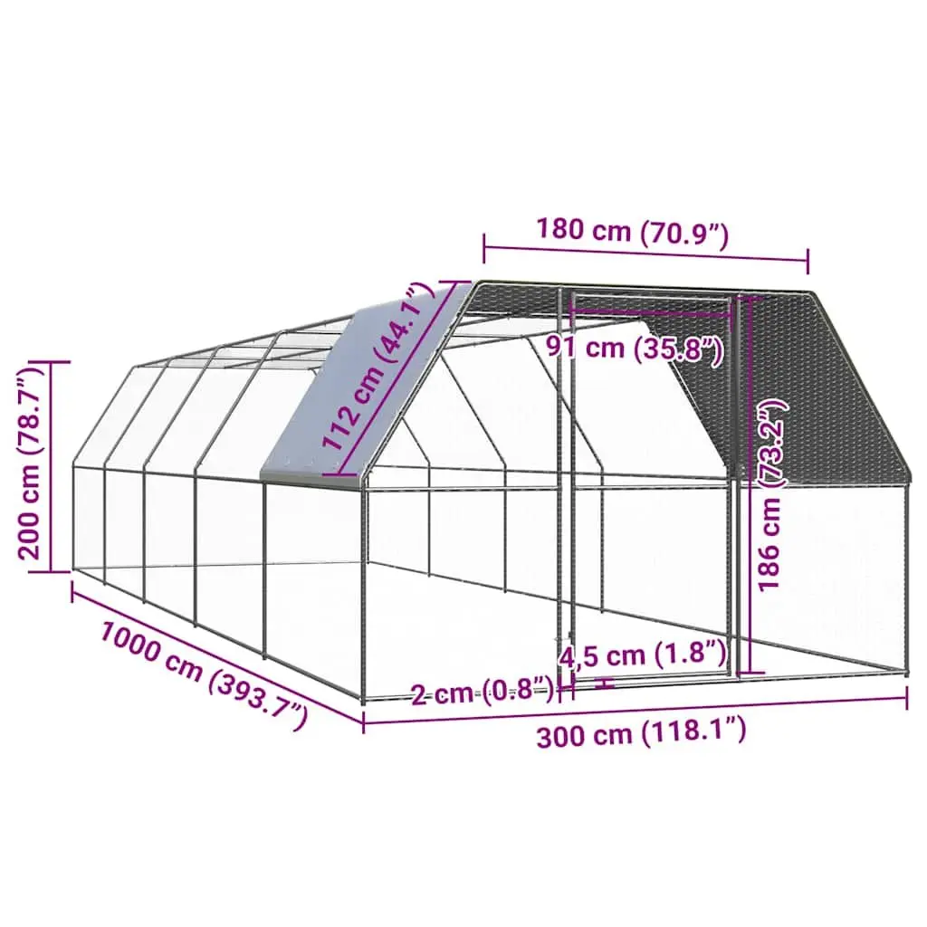 Outdoor Chicken Cage Aviary Run Enclosure 3x10x2m Galvanised Steel Silver