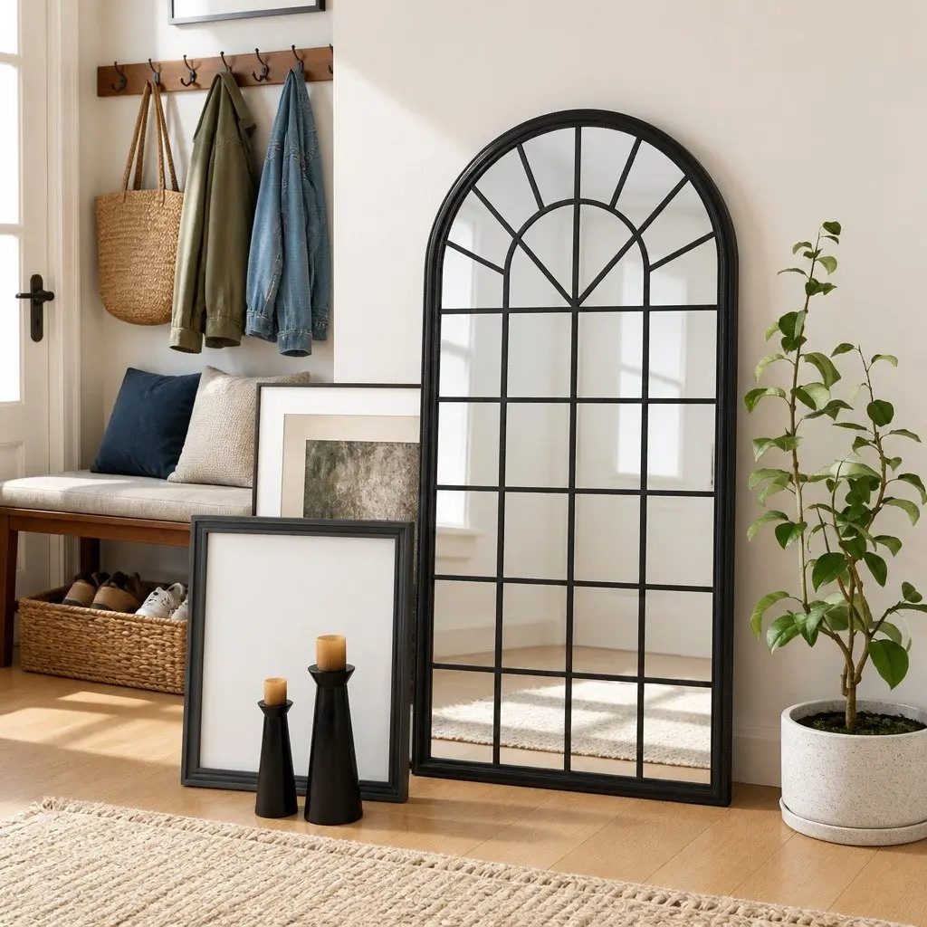 Indoor Wall Mounted Decorative Accent Mirror 90x45cm Black Iron Frame
