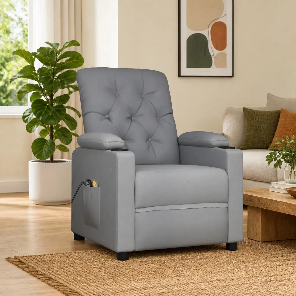 Stand Up Massage Chair Electric Recliner Lift Function Vibration Grey Fabric
