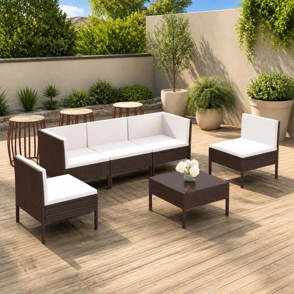 Garden Lounge Set Outdoor Furniture 6 Piece Brown Poly Rattan Patio Seating