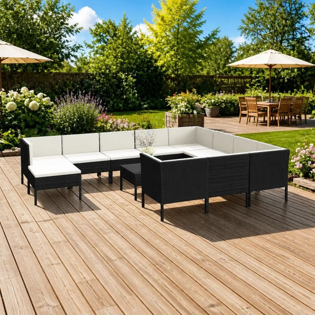 Garden Lounge Set 12 Piece Outdoor Furniture PE Rattan Black Cushions
