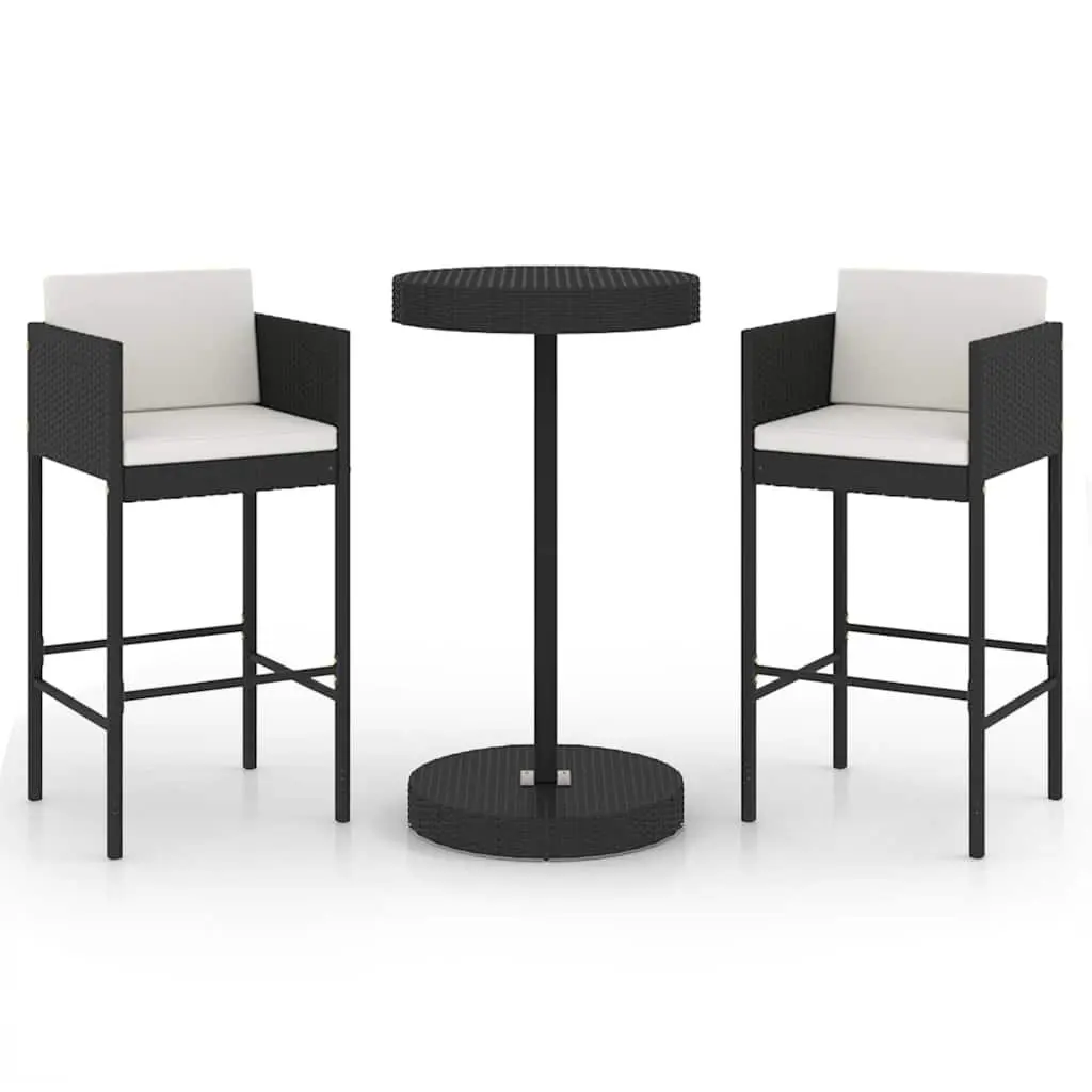 3 Piece Garden Bar Set with Cushions Outdoor Rattan Table Stools Black