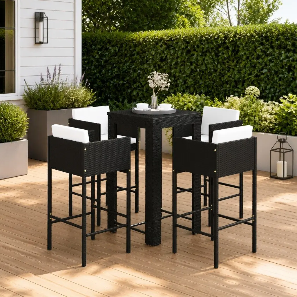 Outdoor Rattan Bar Set 5 Piece Cushioned Stools Table Black for Garden Patio Entertainment