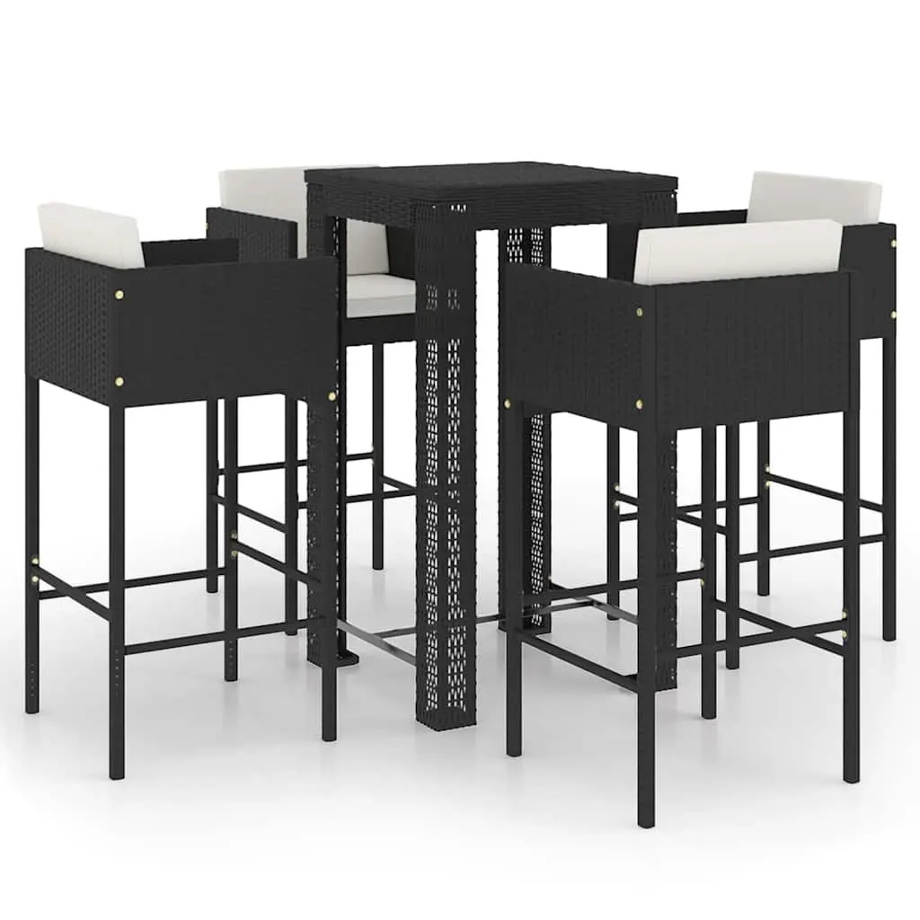 Outdoor Rattan Bar Set 5 Piece Cushioned Stools Table Black for Garden Patio Entertainment