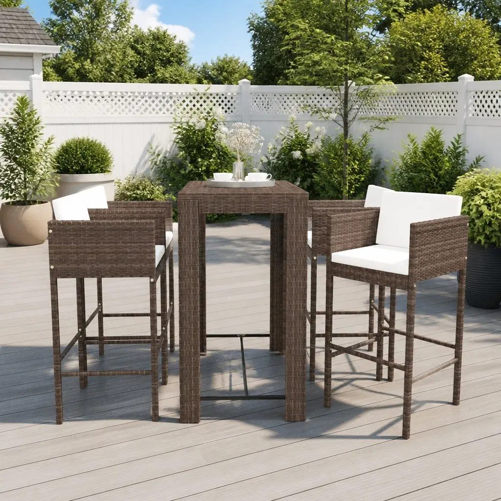 5 Piece Garden Bar Set Outdoor Bar Table Stools Cushions Brown