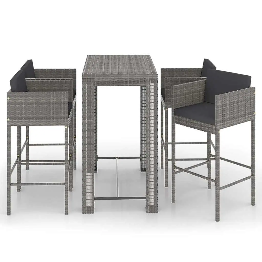 5 Piece Garden Bar Set with Cushions Outdoor Poly Rattan Table Stools Grey