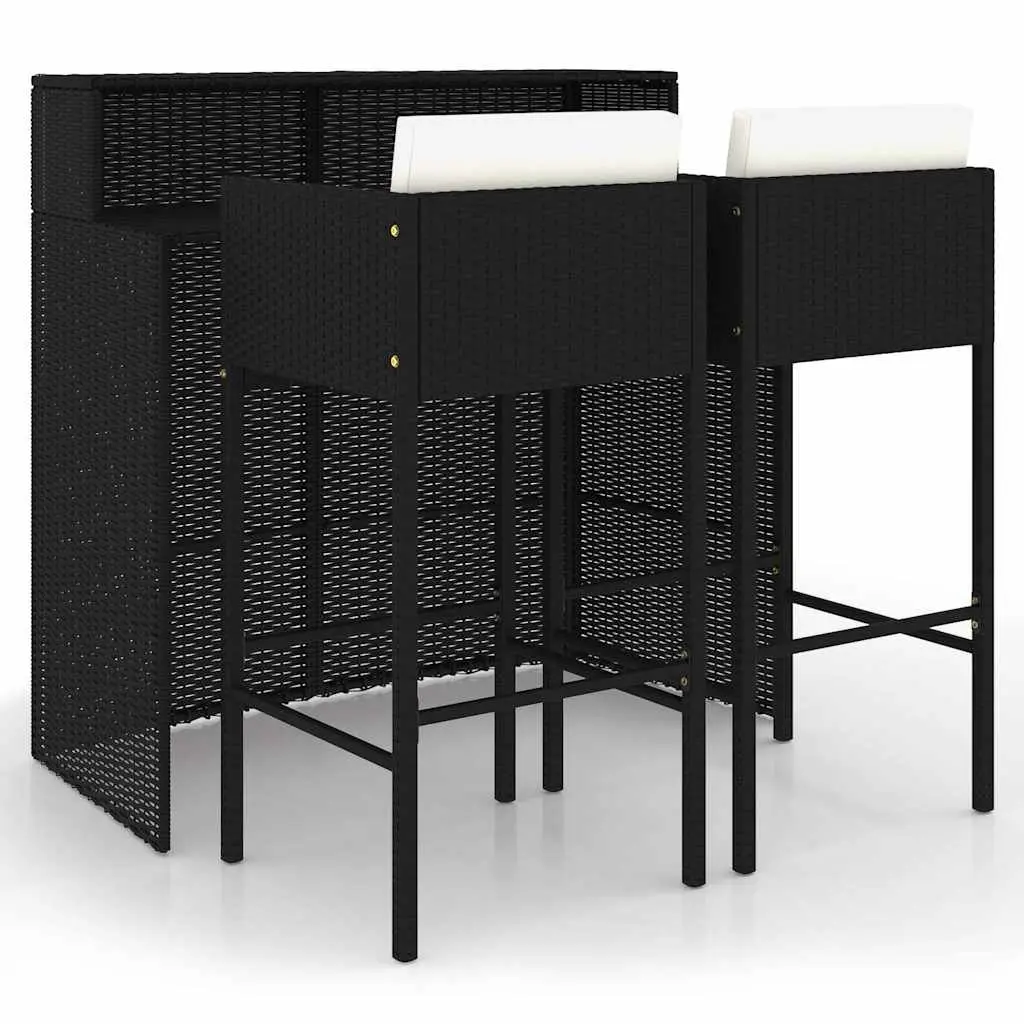 3 Piece Garden Bar Set Outdoor Cushions Black Poly Rattan Table Stools