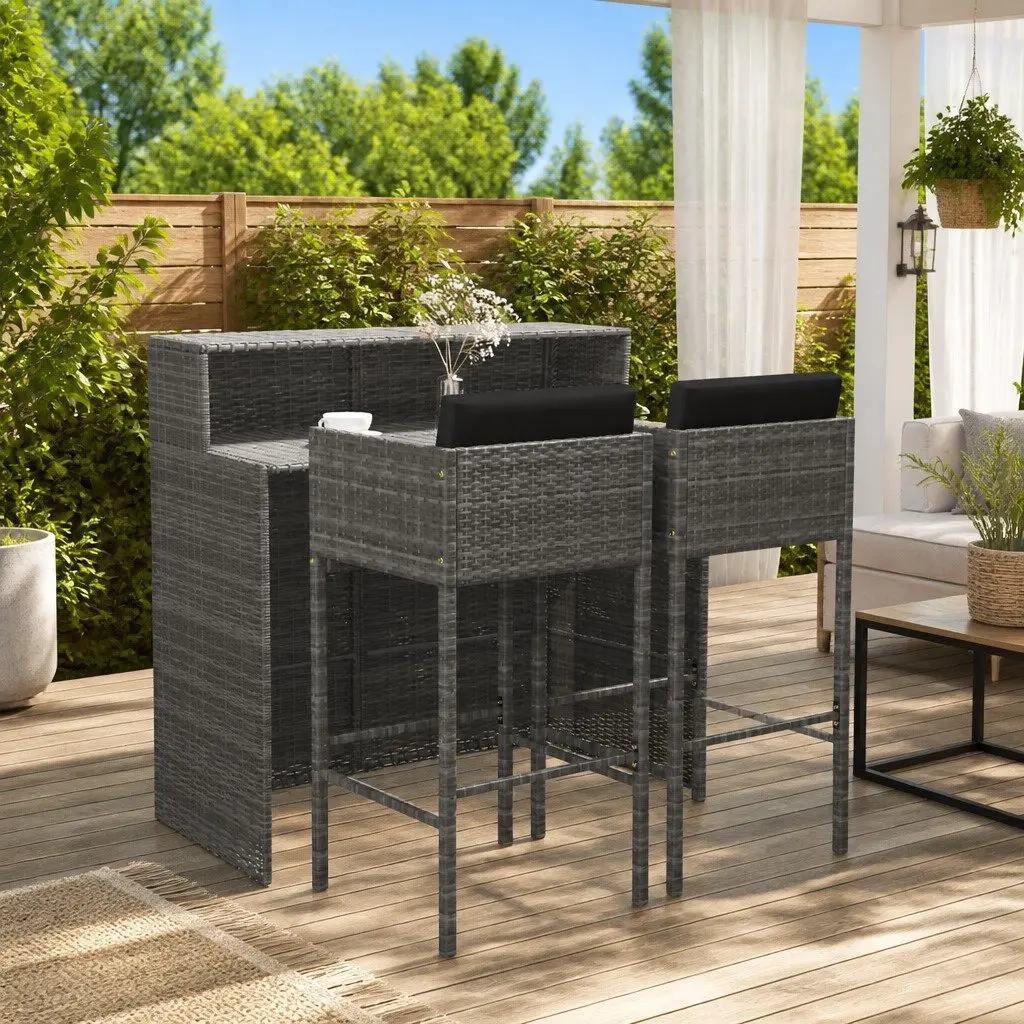 3 Piece Garden Bar Set Outdoor Cushions Grey Poly Rattan Table Stools