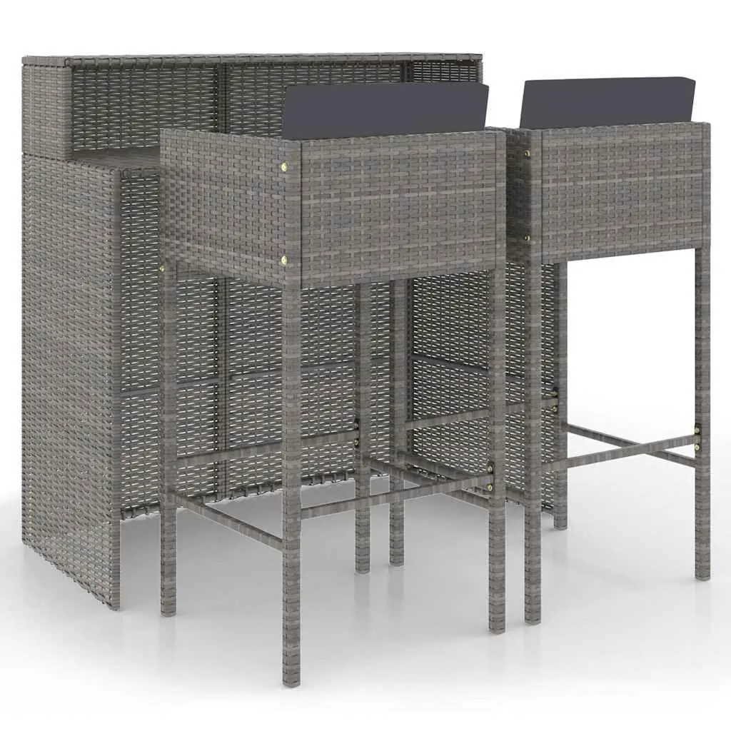 3 Piece Garden Bar Set Outdoor Cushions Grey Poly Rattan Table Stools