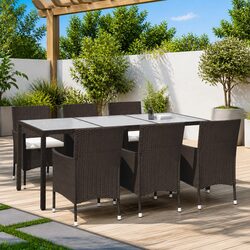 Outdoor Dining Set 7 Piece Brown Poly Rattan Garden Furniture with Seat Cushions