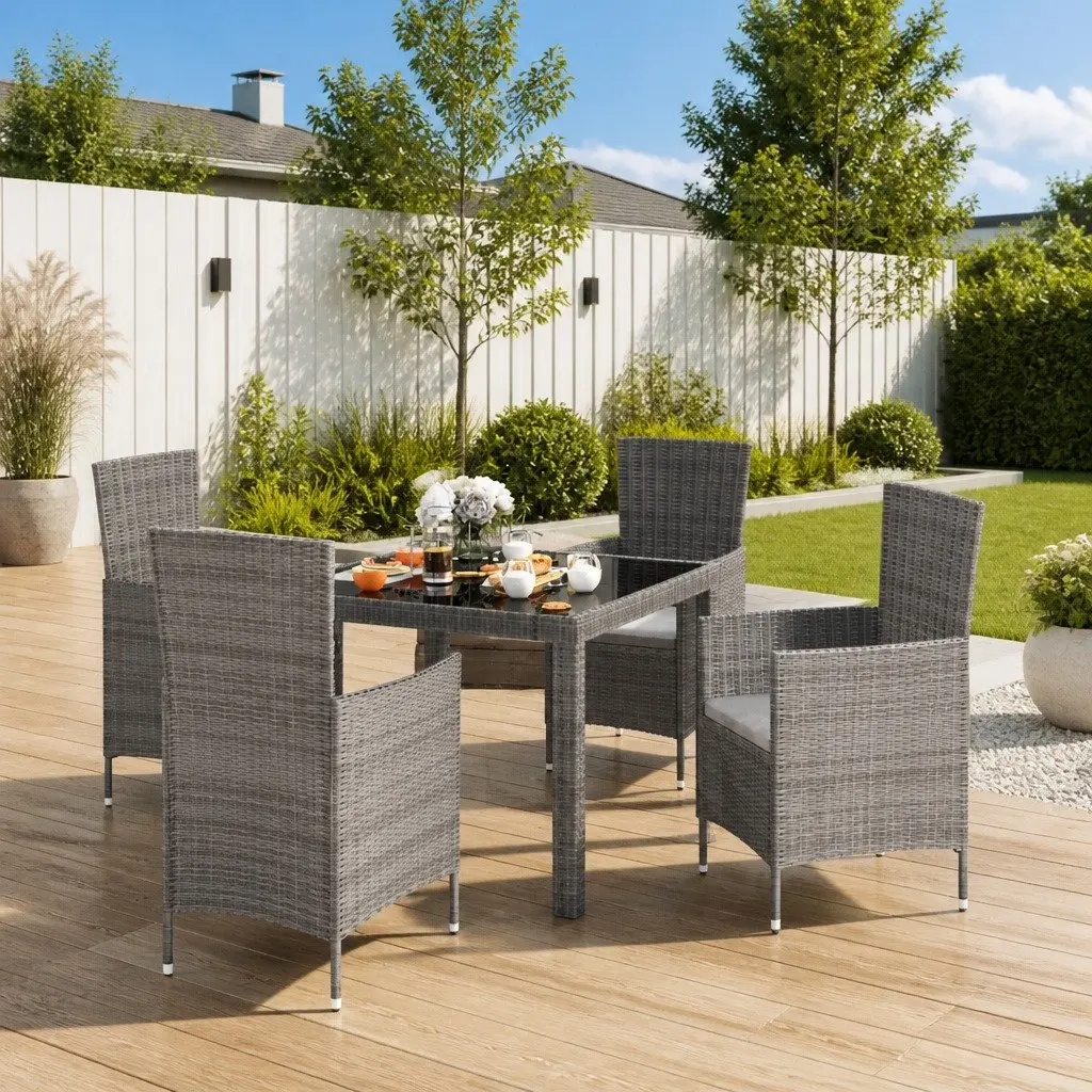 5 Piece Outdoor Furniture Set Dining Grey Steel Frame PE Rattan Cushions