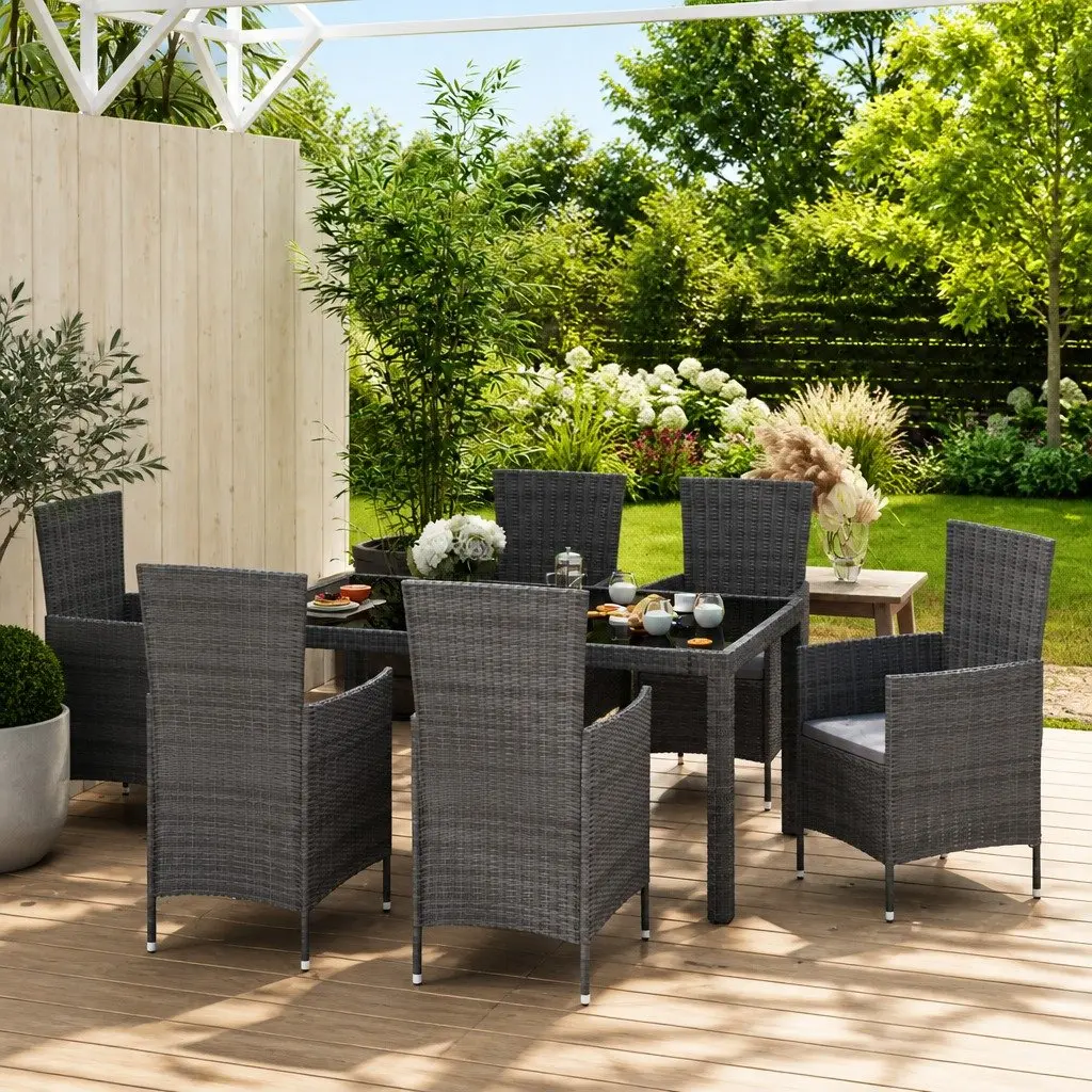 Outdoor Dining Set Grey PE Rattan Garden Furniture Table and Chairs 7 Piece