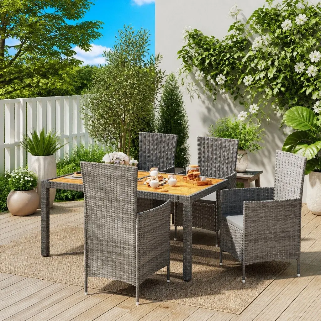 5 Piece Garden Furniture Set Outdoor Dining Grey PE Rattan Steel Frame with Cushions