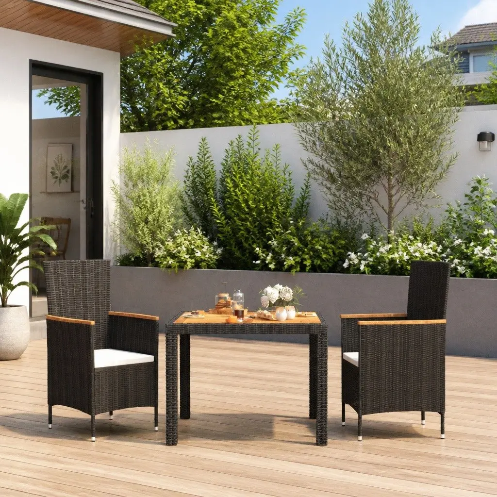 Outdoor Dining Set 3 Piece Black Poly Rattan Garden Furniture